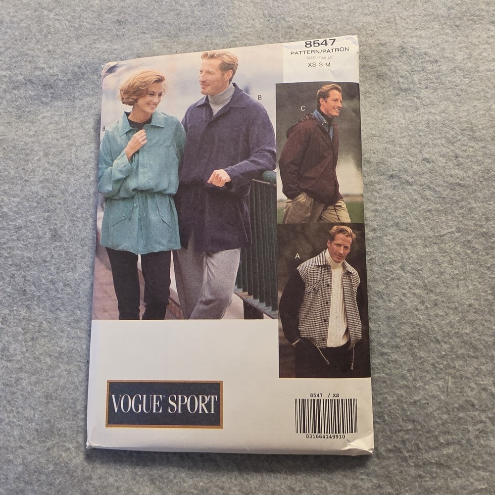 Vogue Sport 8547 Men's Jacket Sewing Pattern Sizes XS-S-M Contemporary Original